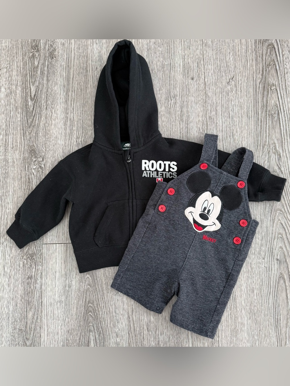 Baby Roots Hoodie & Mickey Overalls lot size 3-6 month